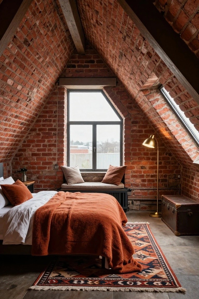 Attic bedroom with sloped exposed brick walls and wooden beams, featuring a bed draped in an orange throw blanket, a window seat with cushions, gold floor lamp, and vintage trunk on a concrete floor.