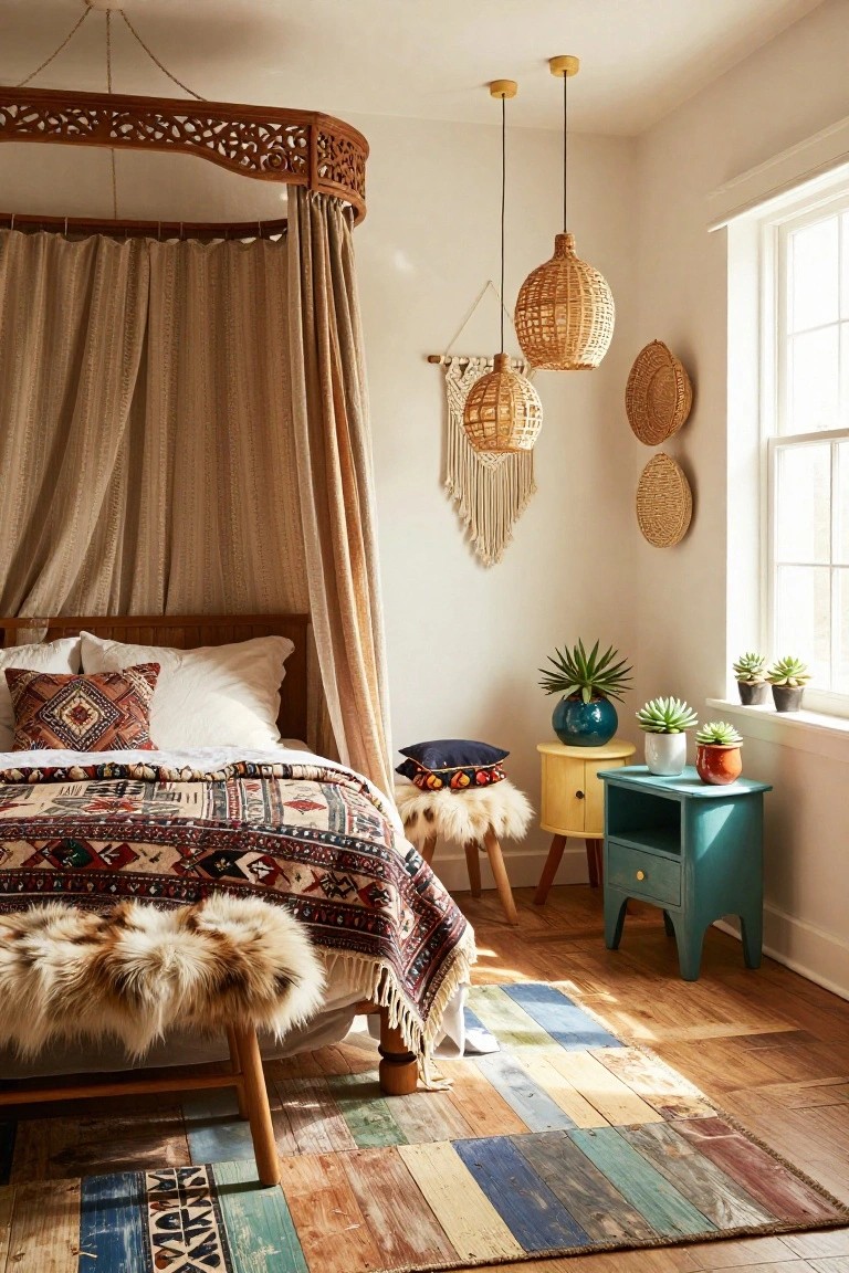Bedroom interior with a wooden canopy bed draped in beige fabric, colorful patterned bedding and pillows, fur throw, rattan pendant lights, woven wall hangings, potted plants, side tables, and a multicolored woven rug on hardwood floors.