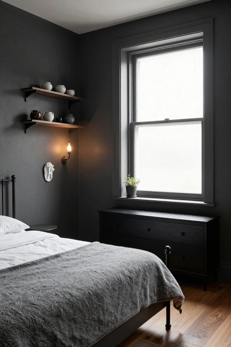 Corner view of a bedroom featuring dark gray walls, wooden floating shelves with ceramic pots, a wall-mounted sconce, iron bed with white sheets and gray throw, black dresser, small plant on wide windowsill, and hardwood floors.
