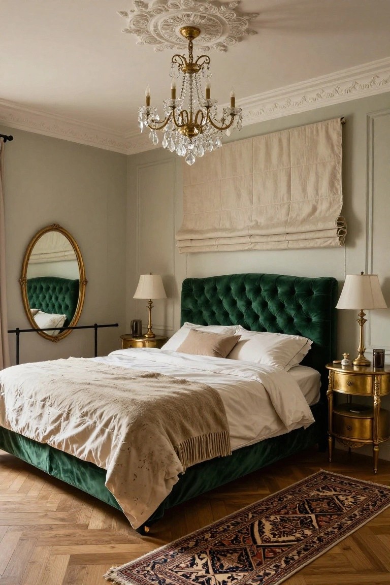 Bedroom with emerald green velvet tufted bed, gold bedside tables and lamps, neutral linens, crystal chandelier, beige roman shade, oval mirror, and hardwood floor with patterned rug.
