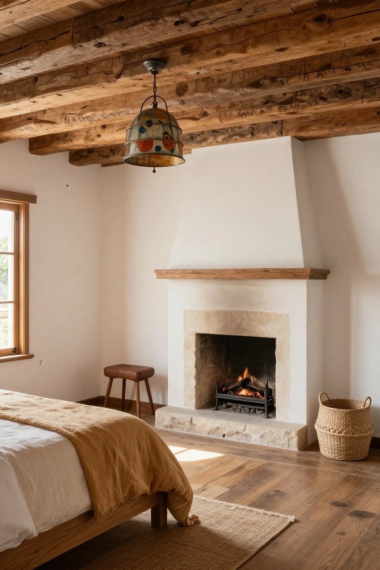Bedroom with dark exposed wooden ceiling beams, white walls, lit stone fireplace with wood mantel, low platform bed draped in mustard throw, leather stool, woven basket, and wood plank floors.