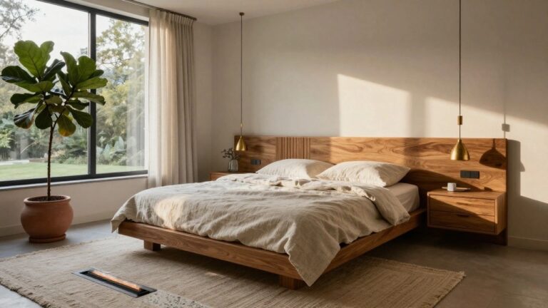 Modern bedroom with white bed on platform, tall black fireplace wall with burning gas fire, wooden built-in bench by window with sheer curtains, large potted fiddle leaf fig plant, and light wood floors.