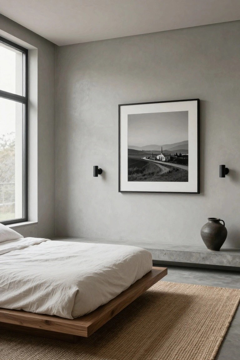 Minimalist bedroom with low wooden platform bed covered in white linens on concrete floor, textured gray walls, large framed black-and-white photo of landscape, wall-mounted black speakers, terracotta vase on ledge, beige seagrass rug, and floor-to-ceiling window.