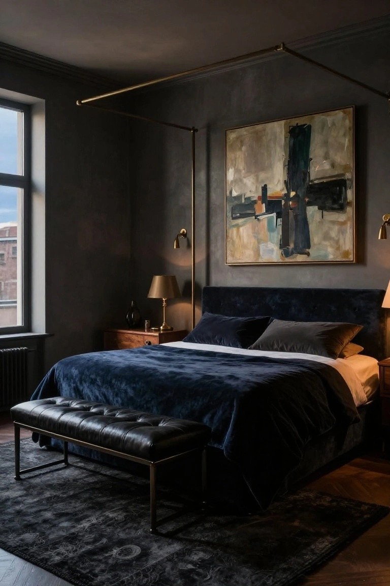Bedroom with navy velvet bed and pillows under brass pipe canopy frame, dark textured walls, large abstract painting, wooden nightstand with lamp, leather bench, and black rug on parquet floor.