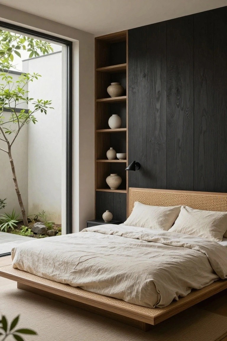 Modern bedroom with low wooden platform bed featuring rattan headboard and white linen bedding, built-in oak shelves displaying ceramic pots on a dark vertical wood paneled wall, black wall lamp, and floor-to-ceiling window to small courtyard garden with tree and plants.