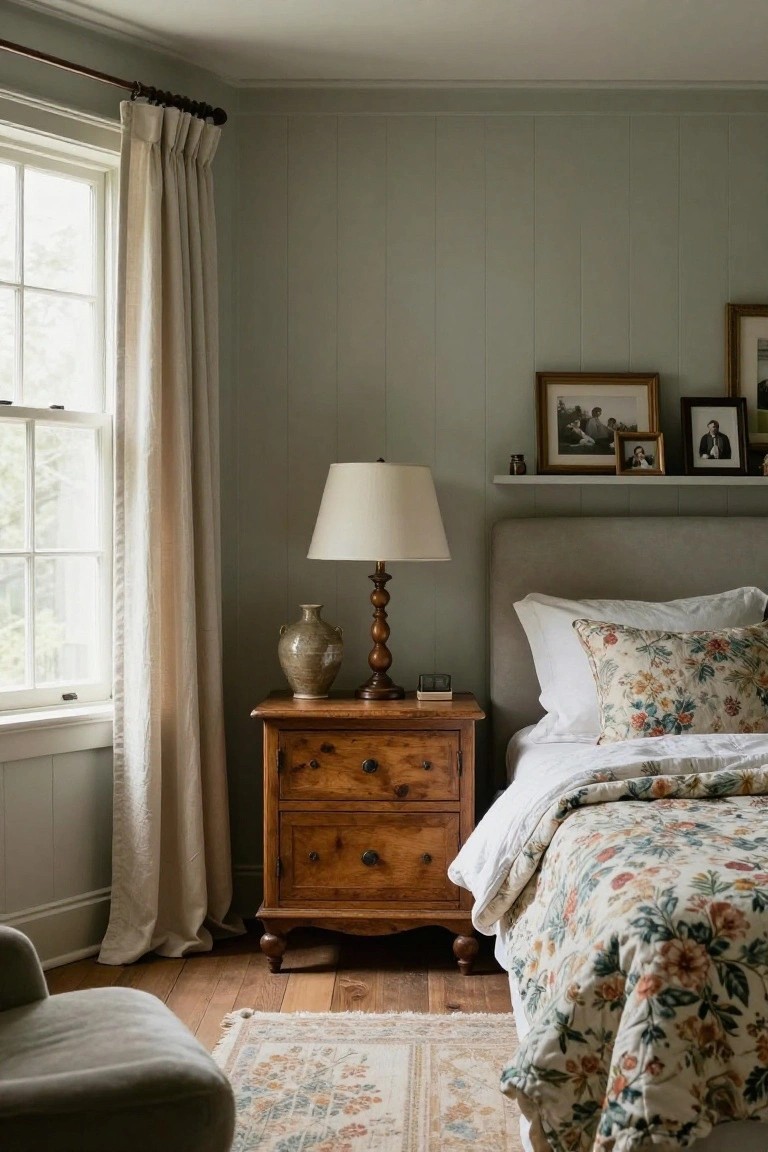 Corner view of a bedroom with sage green vertical paneled walls, a gray upholstered bed with white sheets and floral quilt, wooden nightstand with lamp and vase, open window with white linen curtains, framed photos on a wall shelf, gray armchair, and hardwood floors with a patterned rug.