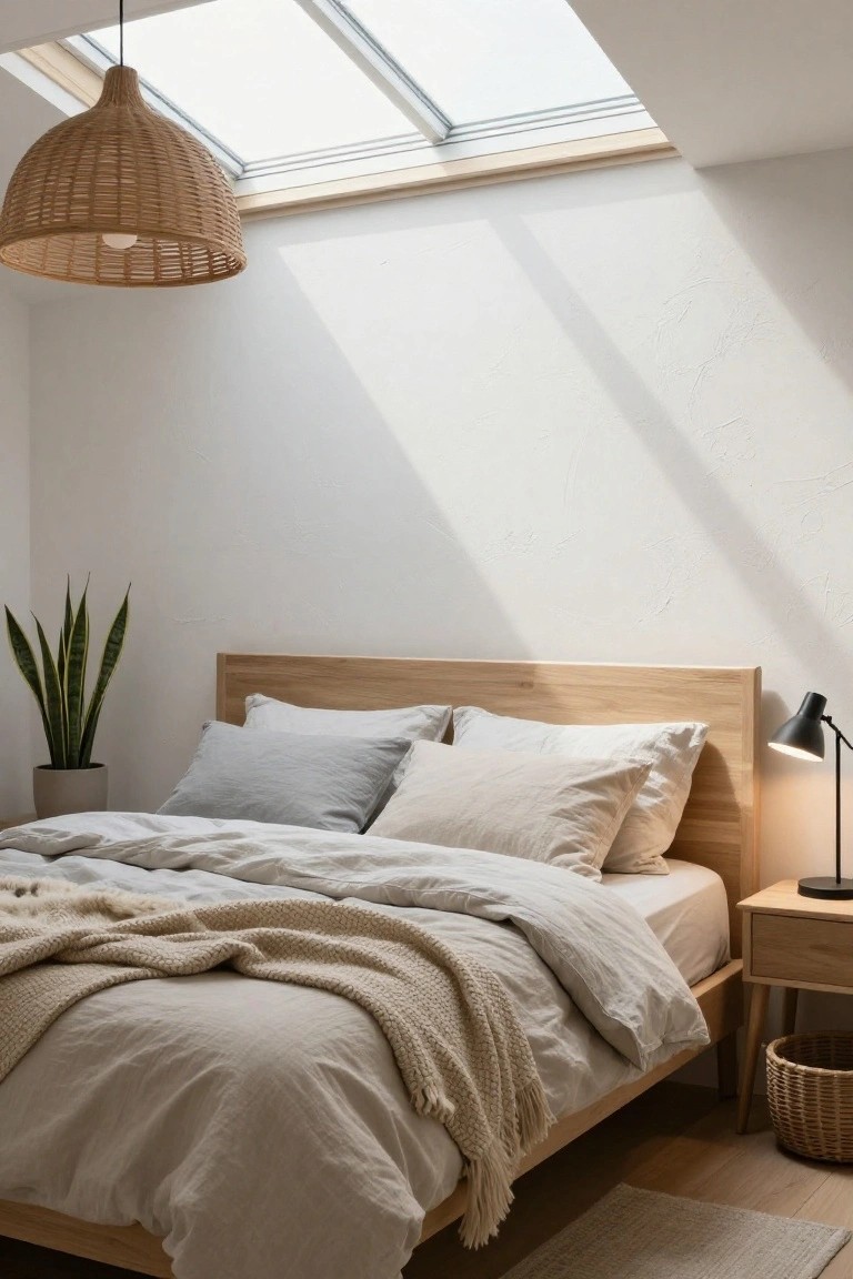 A minimalist bedroom with a wooden bed frame, white linen bedding draped with a cream throw, pillows, a snake plant in a pot, wooden nightstand with black lamp, rattan pendant light hanging from the ceiling, skylights above, and light wood floors.