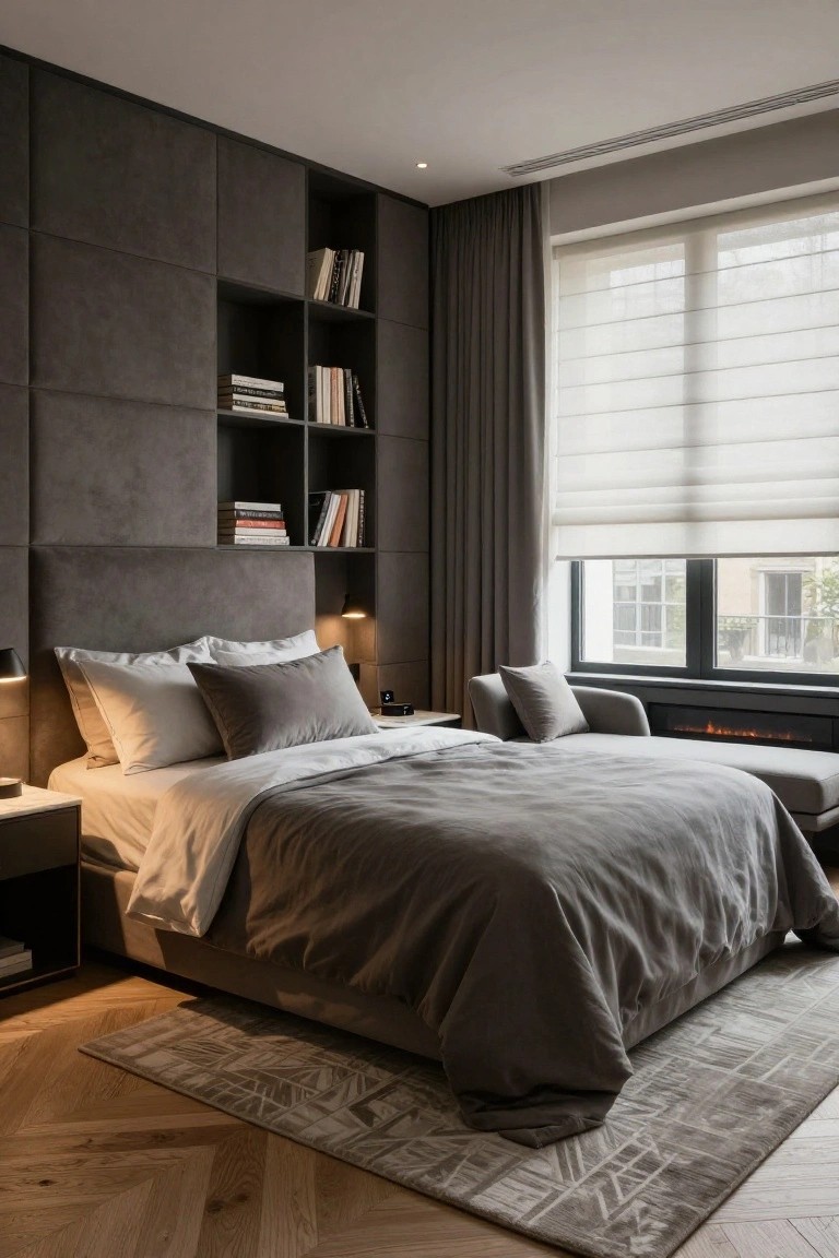 Modern bedroom interior with dark gray textured wall panels featuring recessed bookshelves, upholstered gray headboard and bed with white and gray linens, bedside lamps, armchair, window blinds and curtains, linear gas fireplace, and herringbone wood floor with gray rug.