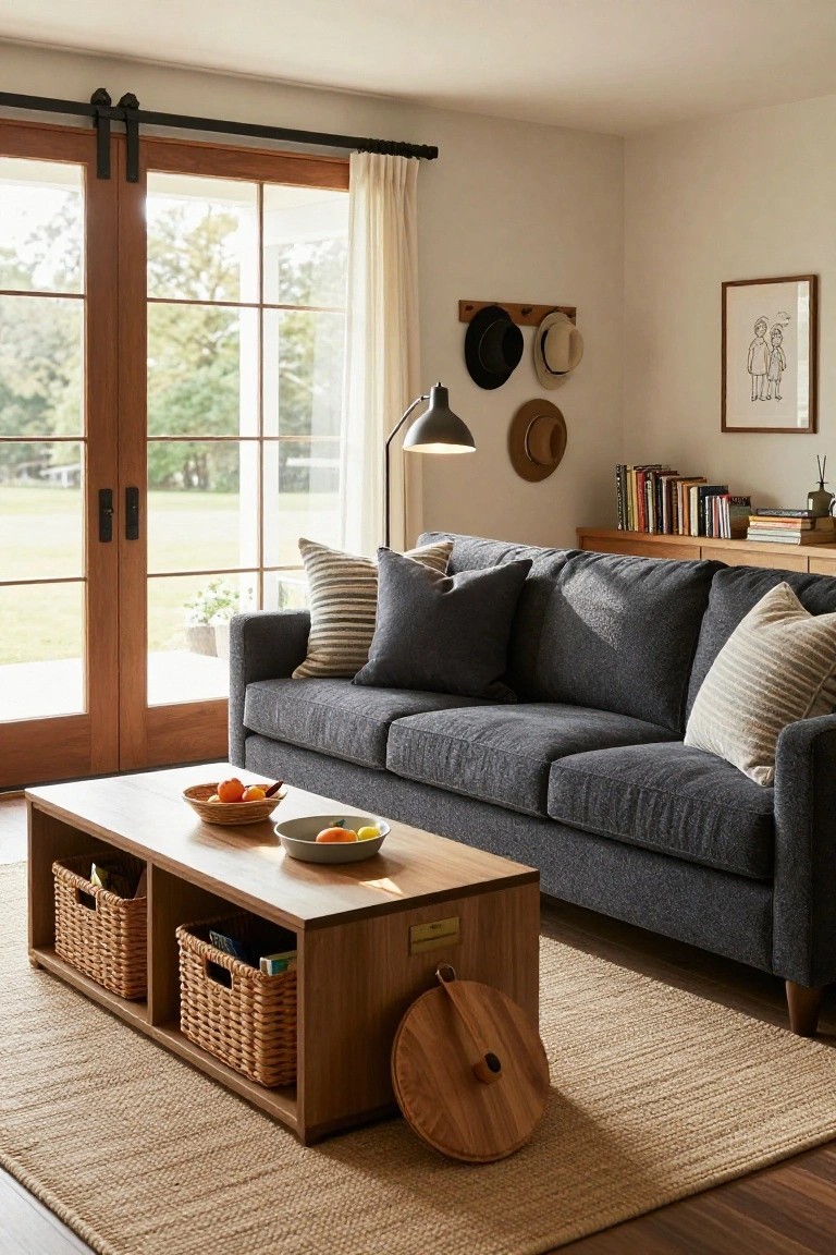 Living room featuring a dark gray sofa facing a wooden coffee table with wicker baskets in open shelves, large sliding glass doors overlooking woods and fields, neutral pillows, seagrass rug, and wall hooks with hats.