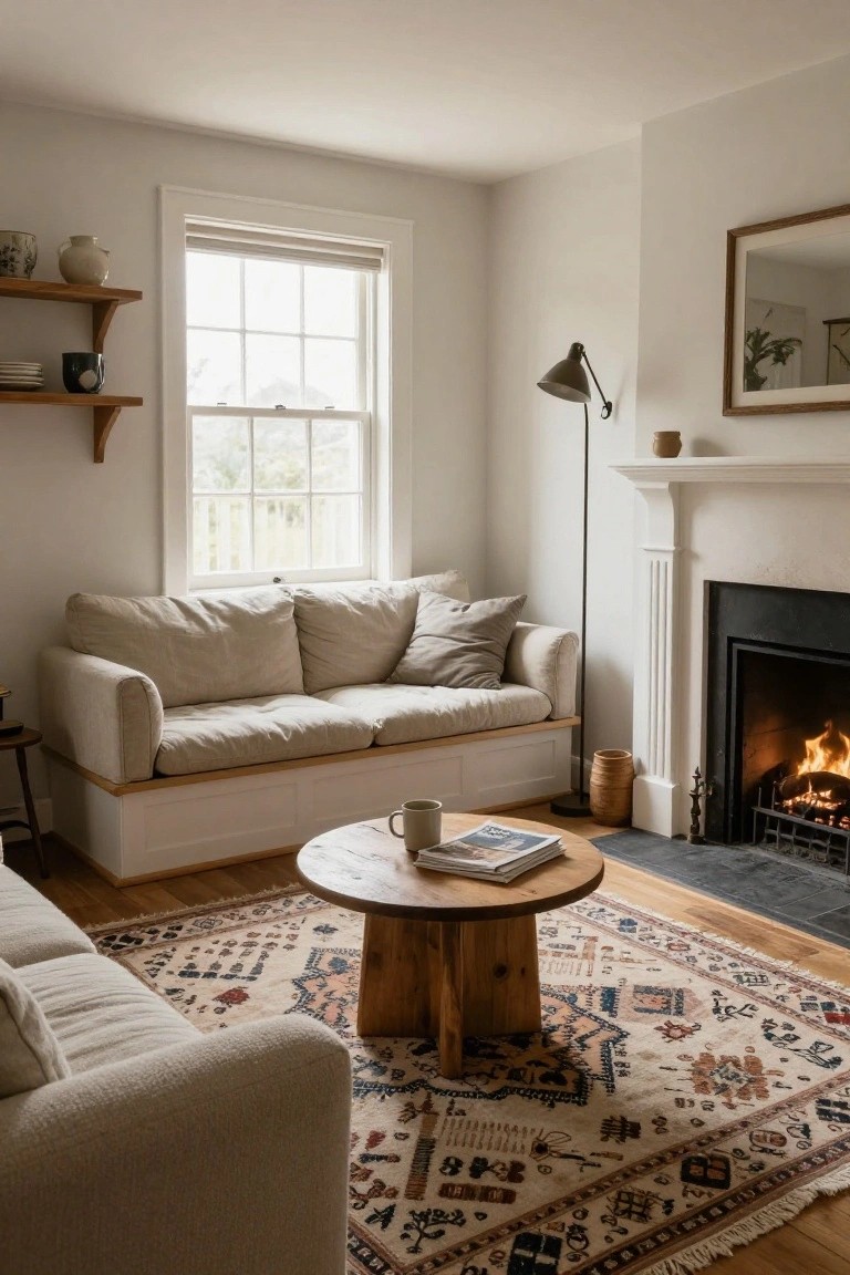 White living room corner with beige linen sofa on raised wooden platform between large window and black fireplace, round wood coffee table on patterned rug, neutral decor.