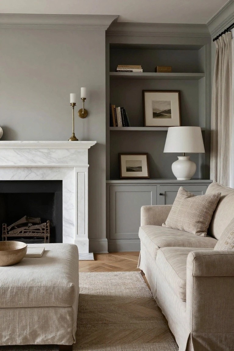 Living room with white marble fireplace flanked by gray built-in open shelves above cabinets, beige linen sofa on parquet floor, neutral rug and ottoman.