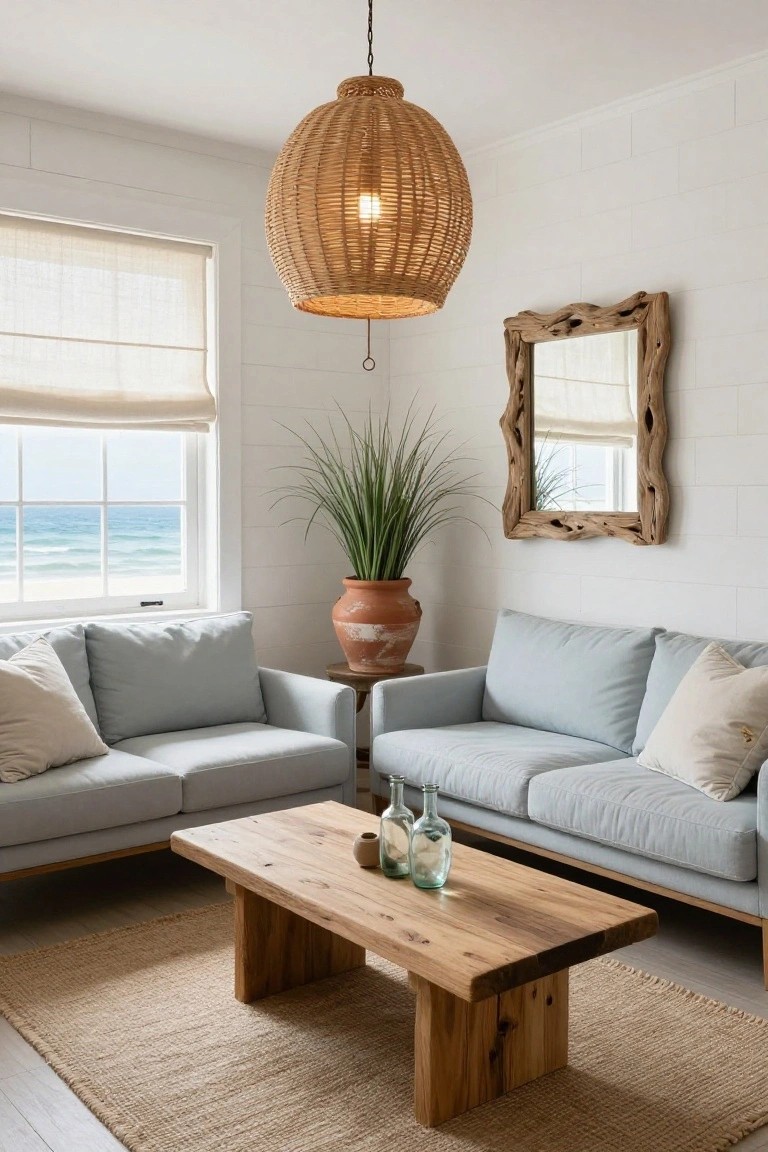 Living room interior with two light blue upholstered sofas arranged around a low wooden coffee table, rattan pendant light overhead, large potted plant, driftwood-framed mirror on white shiplap wall, and windows showing ocean view.