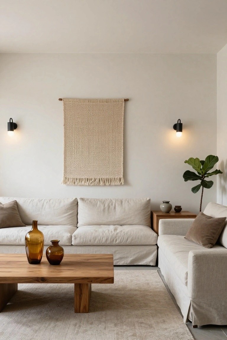 Living room with cream walls, large beige woven wall hanging flanked by black sconces, two cream linen slipcovered sofas, wooden coffee table with amber glass vases, wooden side table with pottery and plant, fiddle leaf fig, and neutral area rug.