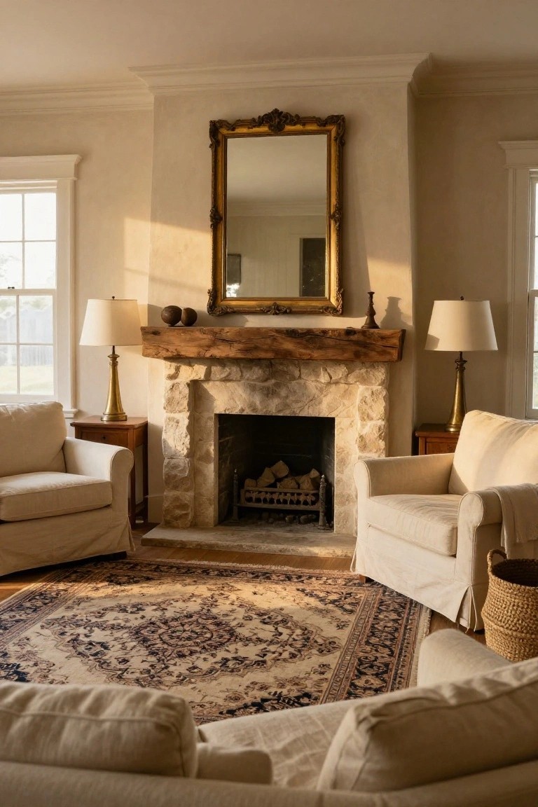 Beige living room with a tall stone fireplace under a thick live-edge wood mantel, flanked by cream slipcovered chairs on a patterned rug, brass lamps on wooden tables, and an ornate gold mirror above.