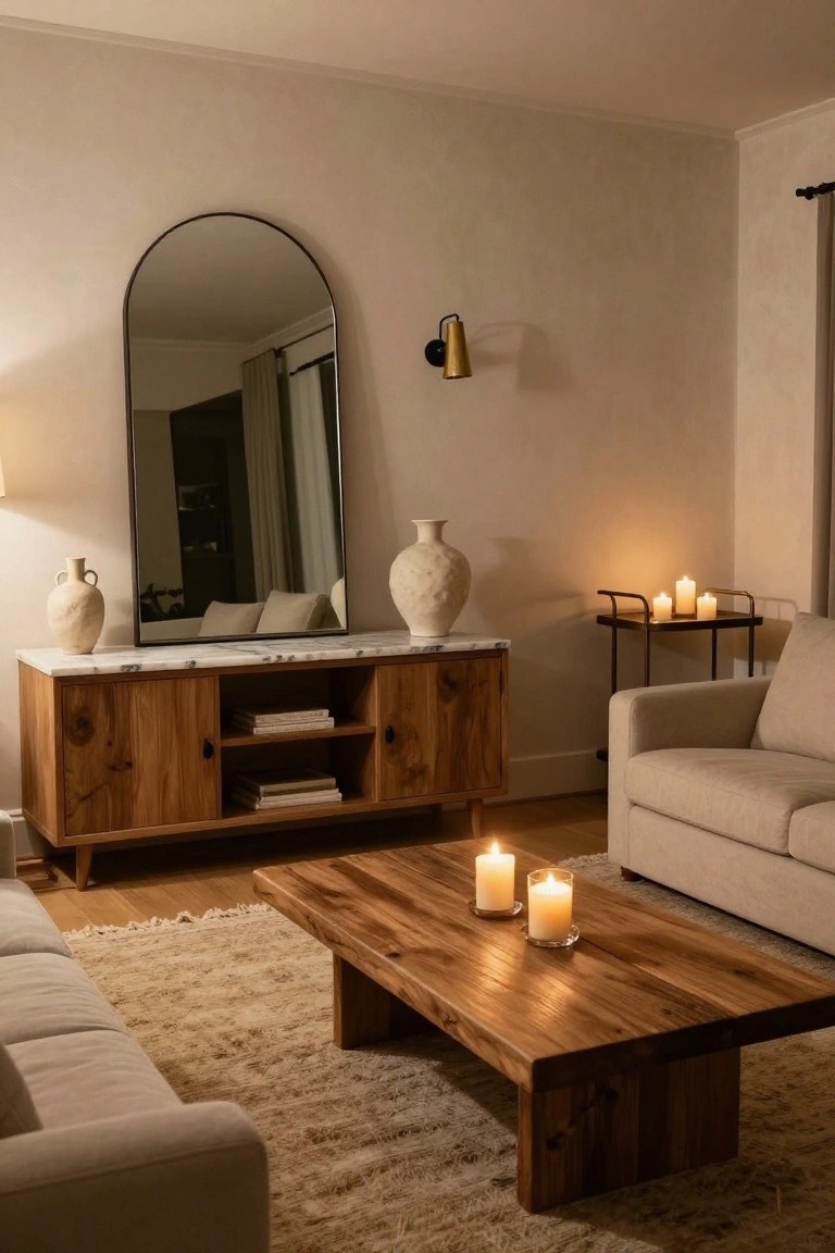 A living room featuring a wooden credenza with white marble top holding beige vases and books, a tall arched black mirror leaning against a light wall, beige sofa, wooden coffee table with candles, and additional candles on a metal tray.