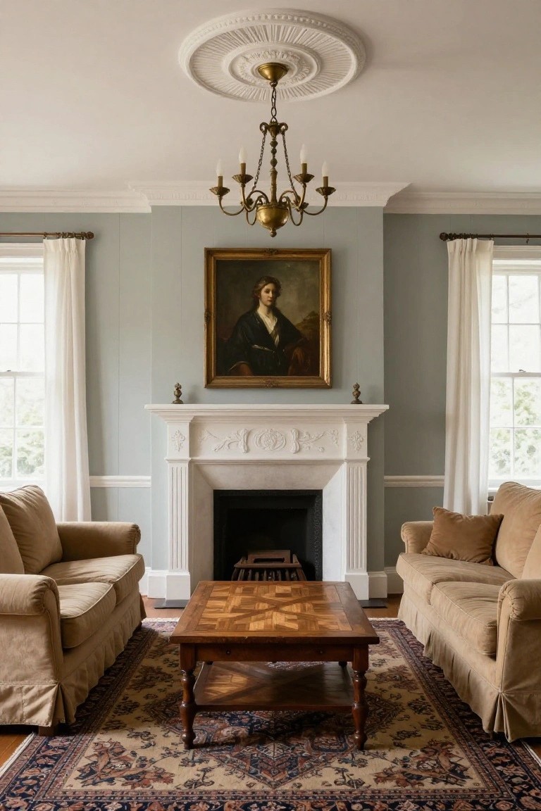 Formal living room with pale green paneled walls, white sculpted fireplace mantel, gold-framed portrait painting above it, brass five-arm chandelier, two beige slipcovered armchairs and sofas facing a parquet wood coffee table on an oriental rug.