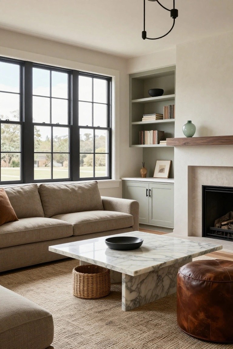 Living room featuring a beige linen sofa, white marble coffee table with black bowl and woven basket, brown leather ottoman, sage green built-in cabinets and open shelves beside a beige fireplace, large black-framed windows with views of trees and fields, neutral walls, and a seagrass rug.