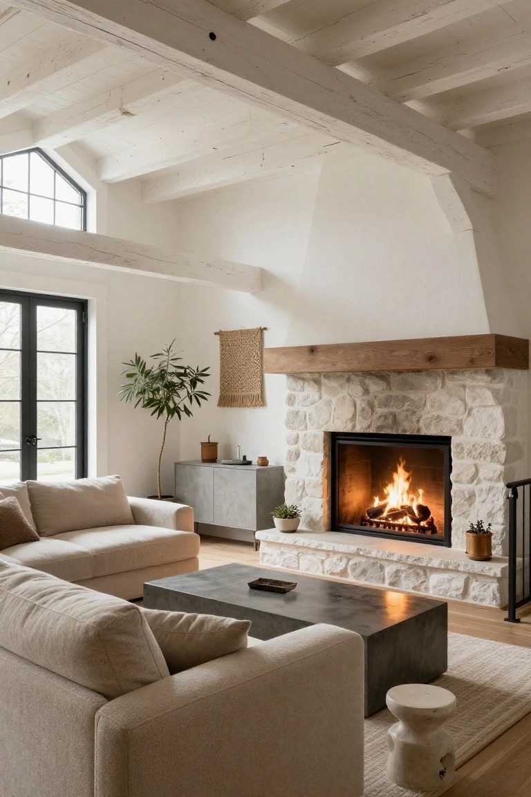 Living room with light stacked stone fireplace under wooden beam mantel, beige L-shaped sofa, black metal coffee table, plants, credenza, and large windows with whitewashed beam ceiling.