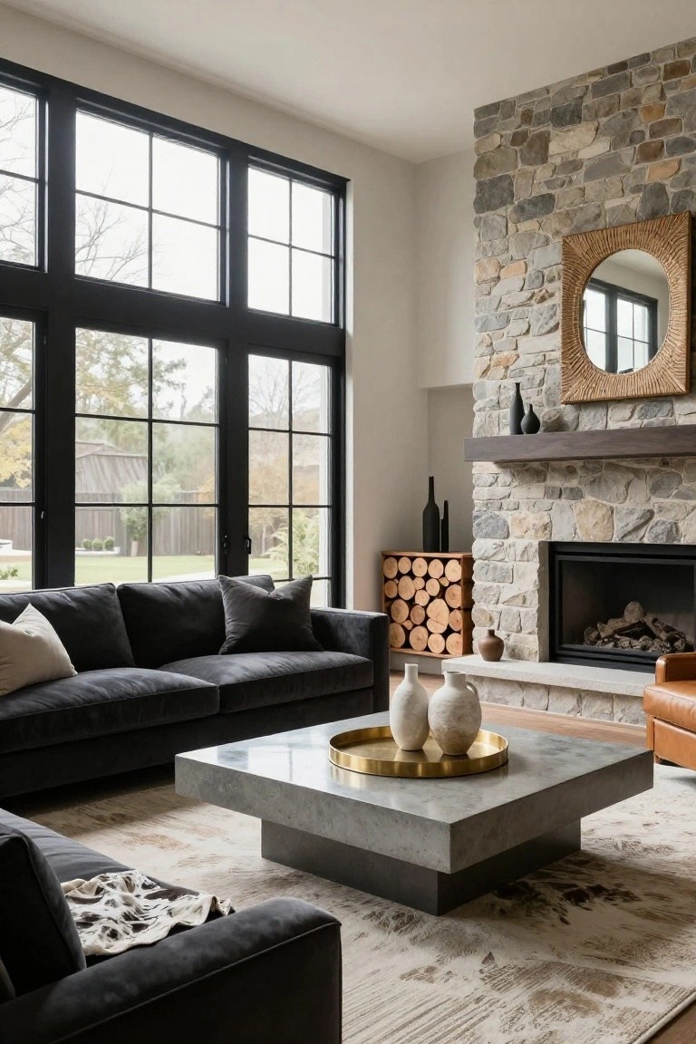 Living room with a tall stone-clad fireplace wall, black metal-framed windows and doors overlooking a yard, dark gray L-shaped sofa, concrete coffee table with brass tray and white vases, wood log rack, and beige patterned rug.