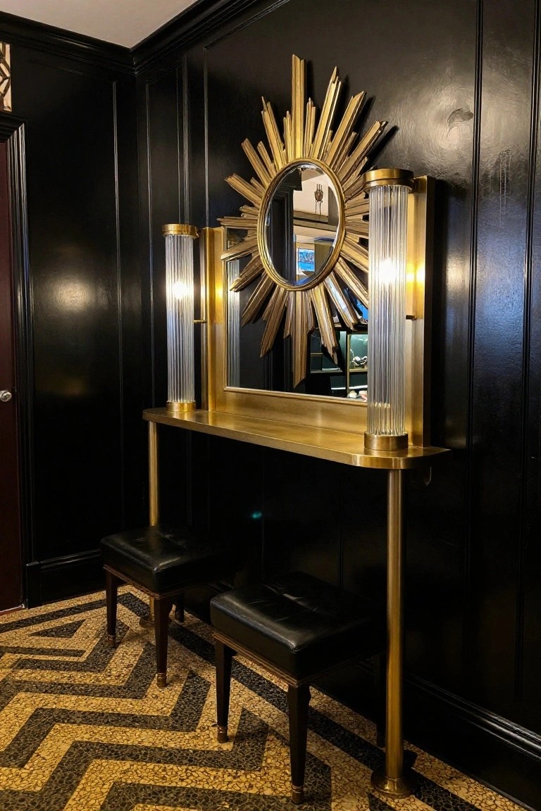 Black paneled foyer walls with a large gold sunburst mirror above a brass console table, flanked by glass column lamps, two black leather stools below, and a black and gold zigzag patterned floor.