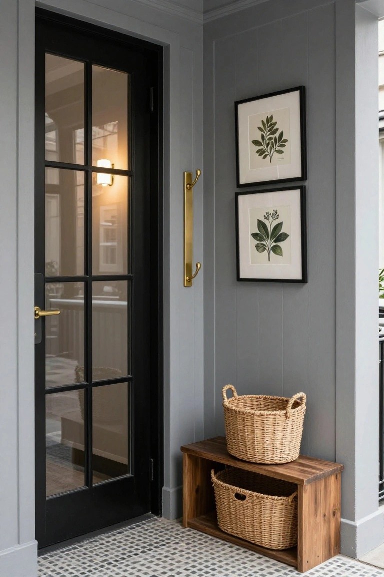 Gray shiplap walls in an entryway hold black-framed botanical prints and brass hooks beside a black metal-framed glass door, with a wooden bench holding two wicker baskets on a black-and-white checkered tile floor.