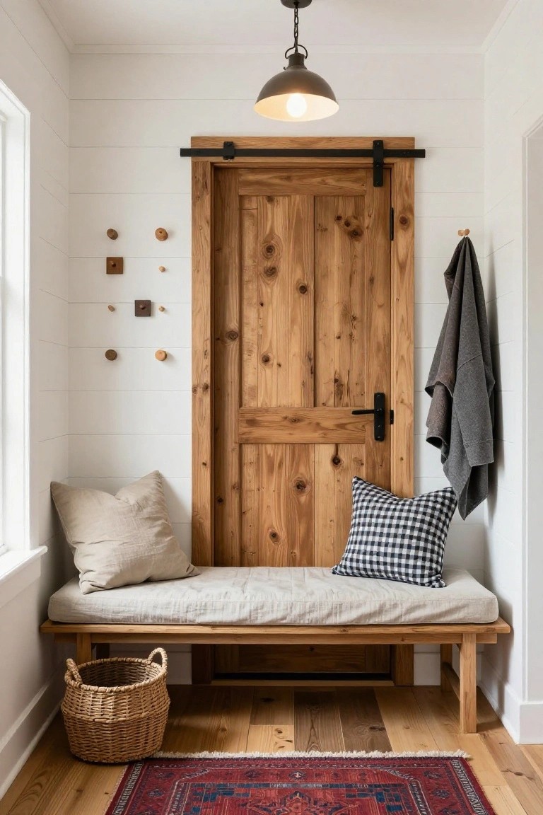Rustic wooden entryway with bench, pillows, woven basket, and hanging jacket.
