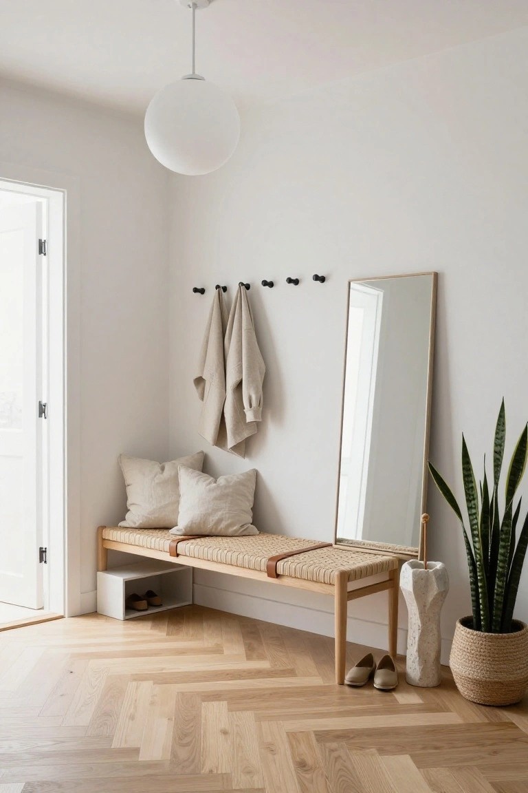 A light entryway with white walls, a rattan bench with beige cushions and under-shelf holding shoes, black wall hooks with hanging linens, a tall gold-framed mirror, a potted snake plant, and herringbone oak floors.