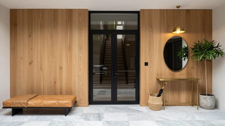 Modern interior foyer with vertical wood slat accent wall, black metal door with glass panes, tan leather bench with tan blanket and black umbrella nearby, gold pendant light, gold console table with seagrass basket and potted palm, large round gold-framed mirror, and white marble tile floor.