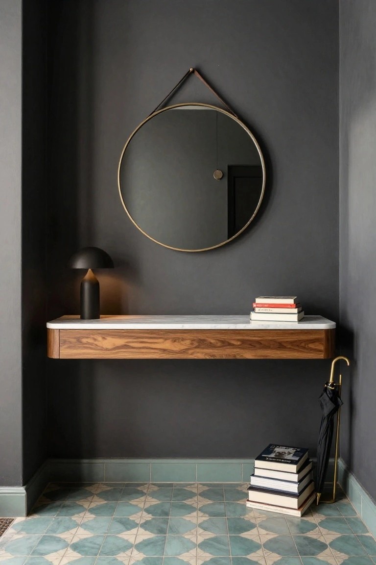 Dark gray walled foyer with large round brass mirror hung by leather strap, floating wooden shelf topped with white marble holding black lamp and stacked books, gold umbrella stand with black umbrella, on teal star-patterned tile floor.