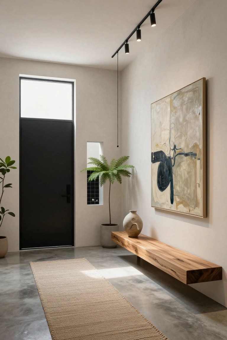 Minimalist interior foyer with black front door, wall-mounted wooden bench, potted plants, large abstract painting on beige wall, track lights, pendant lamp, beige runner rug, and polished concrete floor.