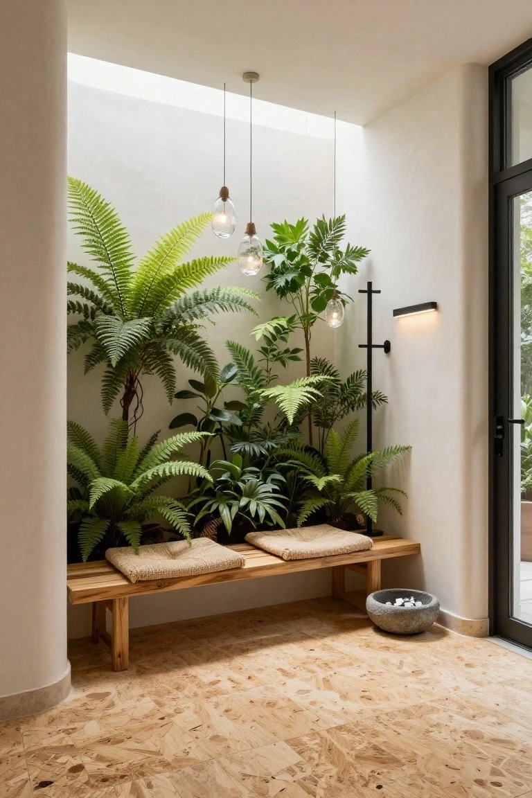 White indoor alcove with tall ferns and green plants surrounding a light wooden bench with beige cushions, hanging bulb lights, a black floor lamp, stone bowl on cork floor, skylight above, and black-framed glass door to outside.