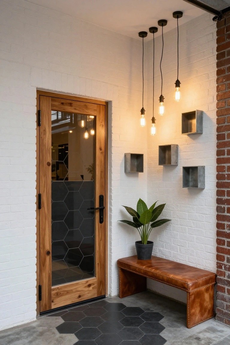 Modern entryway with wooden door, leather bench, hanging lights, and white brick walls.