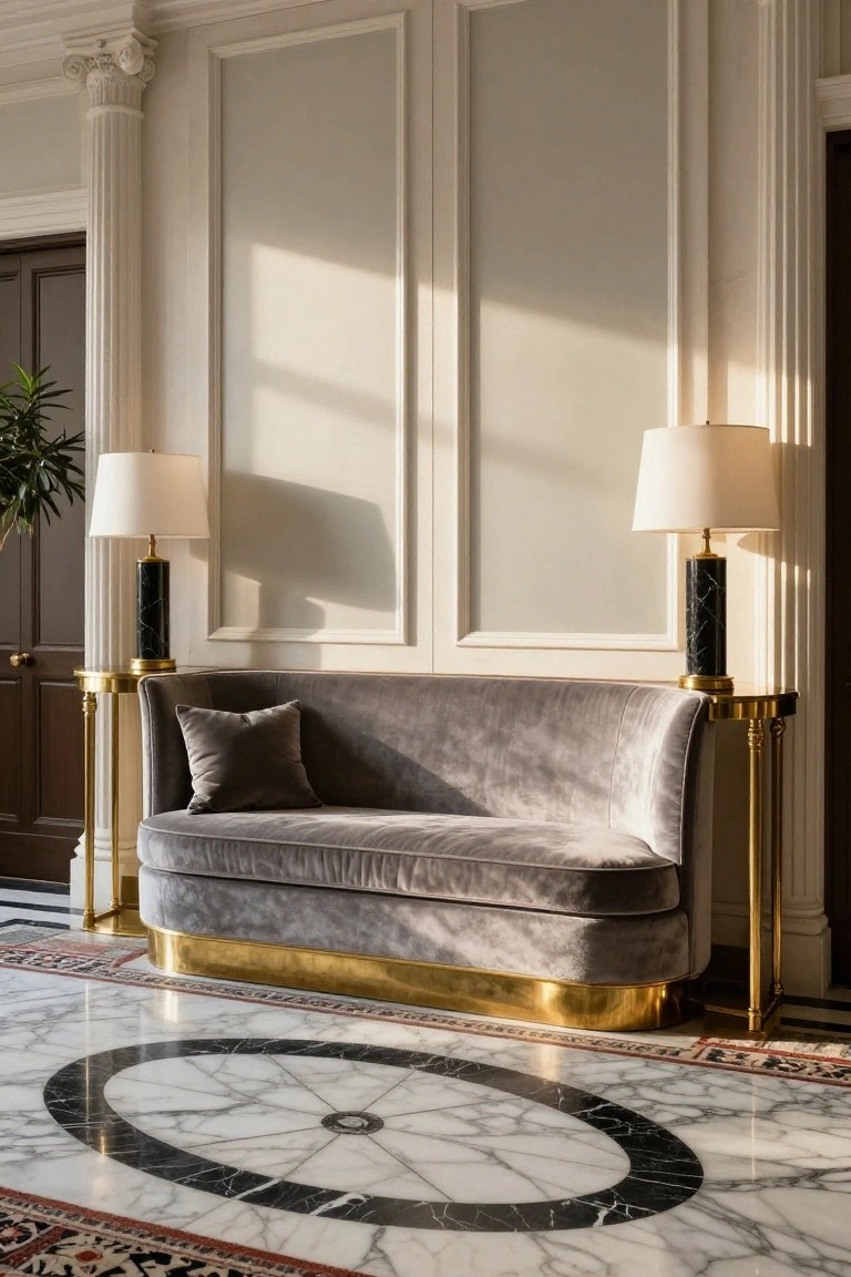 Grand foyer interior with white columns, beige paneled walls, gray velvet curved loveseat with gold base on patterned black and white marble floor, flanked by gold console tables with black marble lamp bases.