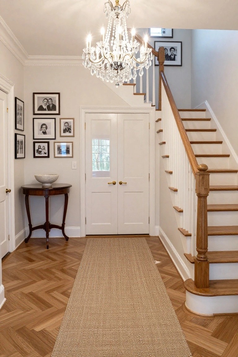 Luxurious indoor foyer with crystal chandelier above open wooden staircase featuring white risers and balusters, herringbone parquet floors covered by beige runner, gallery wall of black-and-white framed photos, and round wooden table with stone bowl.