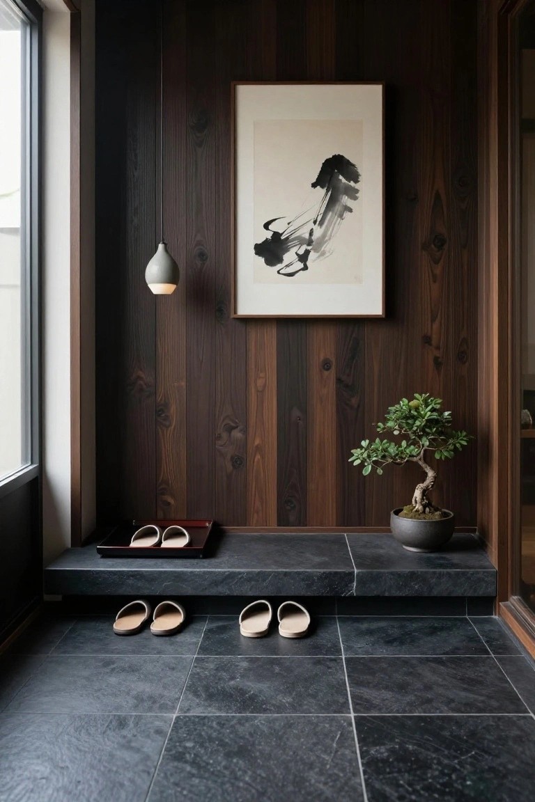 A minimalist entryway with dark wood paneled walls, a large ink abstract painting, pendant light, bonsai tree in gray pot, red tray with slippers on raised wooden platform, and black slate flooring below.