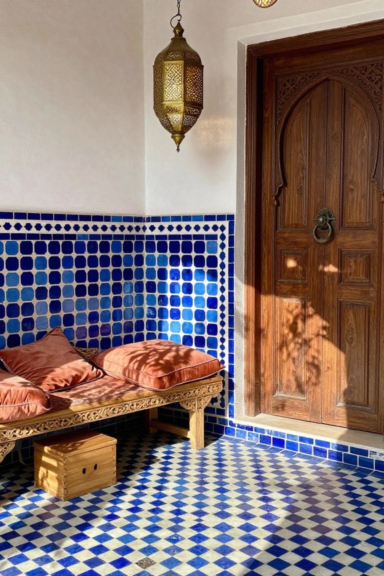 Interior foyer corner with blue and white patterned mosaic tiles on walls and checkered floor, wooden arched door with knocker, low carved bench with orange cushions, hanging brass lantern, and wooden box nearby.