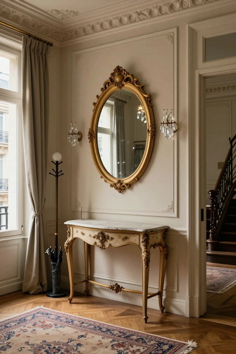 Elegant interior foyer with large gold-framed oval mirror on pale wall above white marble-top console table with gold accents, black umbrella stand, globe lamp, gray drapes on window, open door to dark wood staircase, parquet floor, and patterned rug.