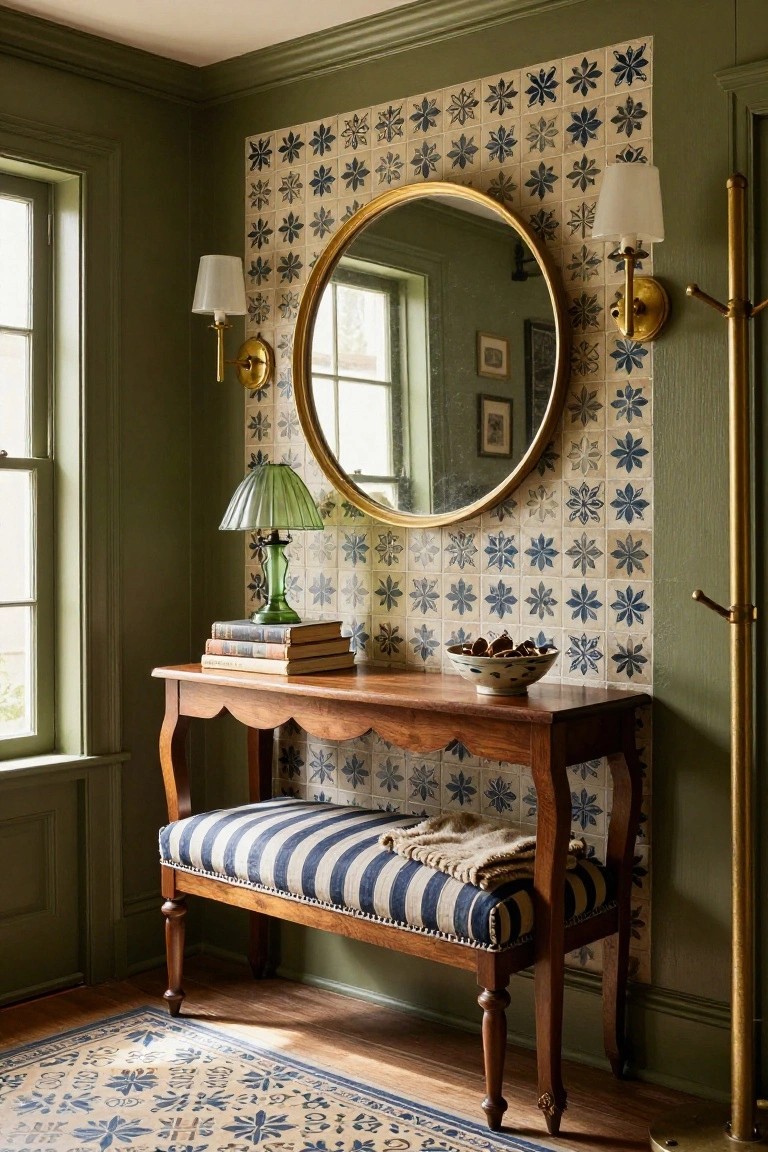 Green entryway corner with blue and white snowflake-patterned tile wall behind large gold-framed round mirror, wooden console table topped with green lamp, books, and blue and white bowl, striped bench with throw, brass wall sconces, standing coat rack, and window.