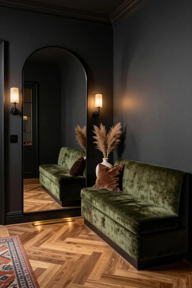 Dark-walled interior with large arched black mirror, green velvet bench with beige and rust pillows, pampas grass in white vase, wall sconces, switch plate, open door, parquet wood floor, and patterned rug.