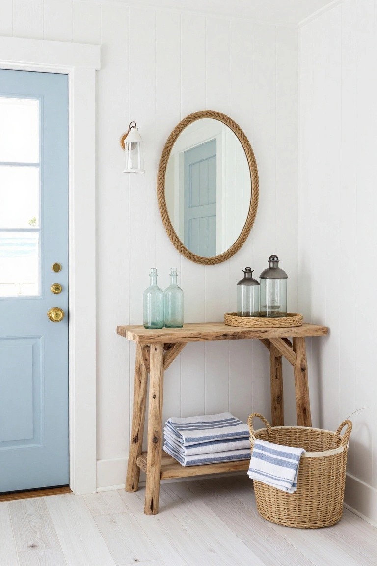 Foyer with blue front door, white shiplap walls, oval rope mirror on wall, wall sconce, rustic wooden console table topped with blue glass bottles and lanterns on woven tray, and wicker basket holding striped towels on light wood floor.