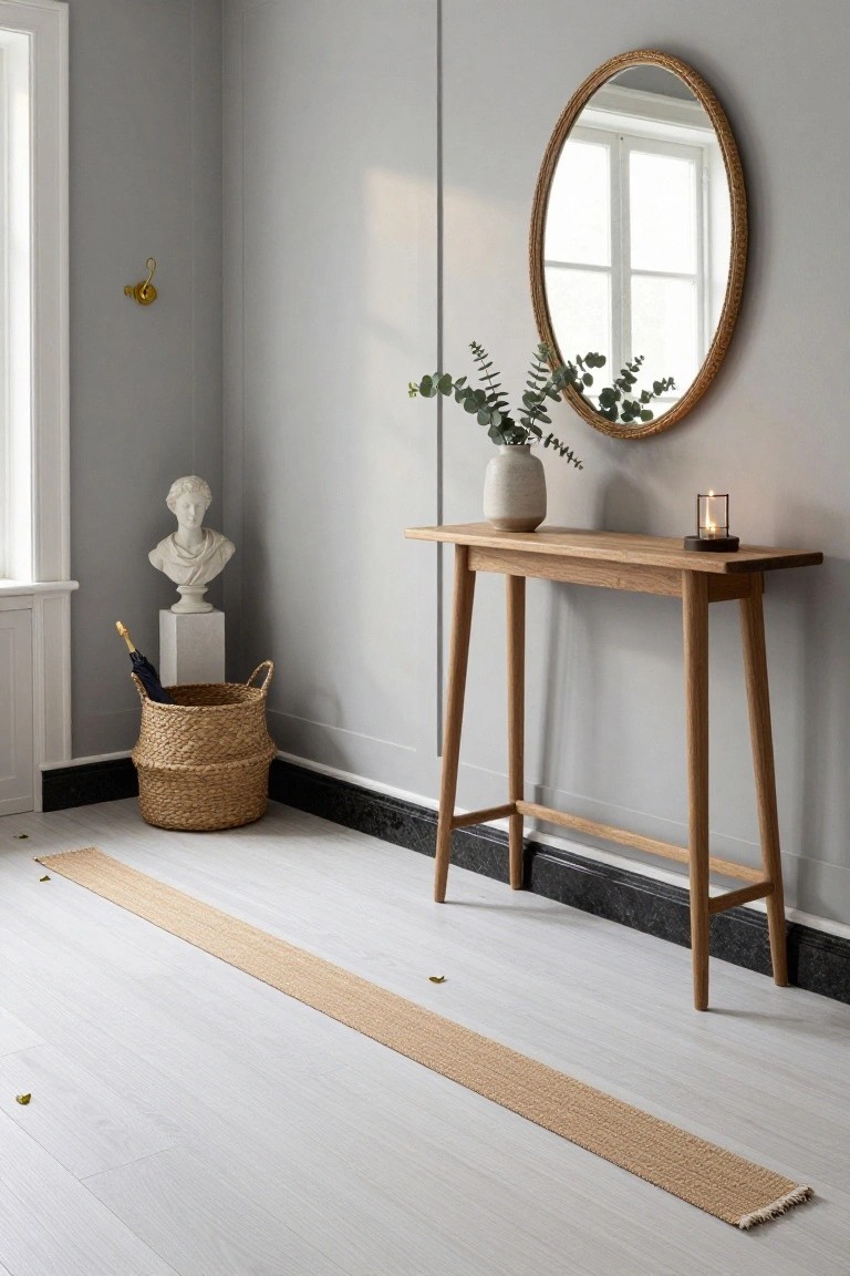 Narrow oak console table with tapered legs and black base against a light gray wall in an entryway, topped with a ceramic vase of eucalyptus and a glass candle holder, large round rattan mirror above, white bust sculpture on pedestal nearby, seagrass umbrella basket on floor, and long beige seagrass runner on white wood floors.