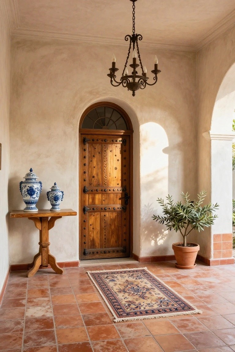 Beige stucco entryway with arched heavy wooden door featuring iron studs and hardware, wooden console table holding two blue and white porcelain vases, potted olive tree, terracotta tile floor, and oriental rug.