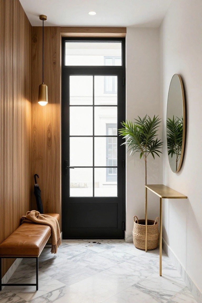 Modern interior foyer with vertical wood slat accent wall, black metal door with glass panes, tan leather bench with tan blanket and black umbrella nearby, gold pendant light, gold console table with seagrass basket and potted palm, large round gold-framed mirror, and white marble tile floor.