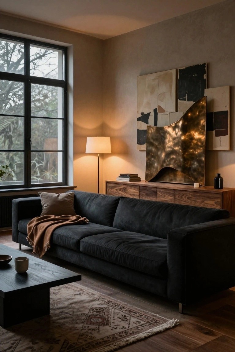Modern living room with black velvet sofa on dark hardwood floors, wood sideboard and coffee table, brass wall sculpture, floor lamp, and large window overlooking trees.