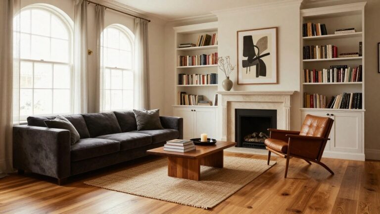 Sunlit living room with gray velvet tufted sofa, tan leather armchair, low wooden coffee tables, built-in bookshelves around a limestone fireplace, sheer curtains on arched windows, and light herringbone parquet hardwood floors.