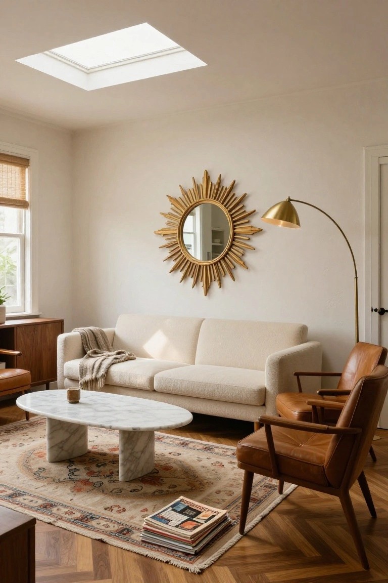 Living room with cream sofa draped in a throw, tan leather armchair, white marble oval coffee table, stack of magazines on Persian rug, all on herringbone-patterned hardwood floor, gold sunburst mirror and arched floor lamp on beige walls under skylight.