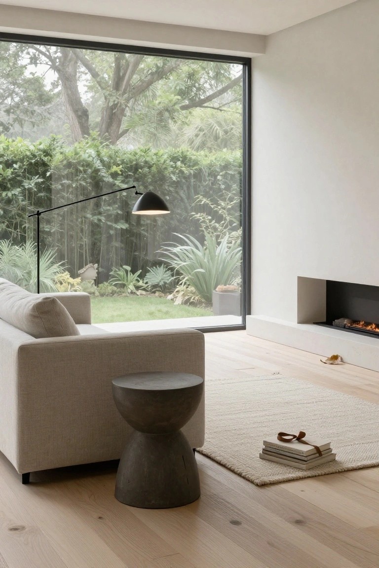 Minimalist living room with light beige sofa, black arc floor lamp, dark stone pedestal stool, stack of wrapped books on light rug, linear gas fireplace, floor-to-ceiling black-framed windows overlooking rainy garden, and light oak plank hardwood floors.