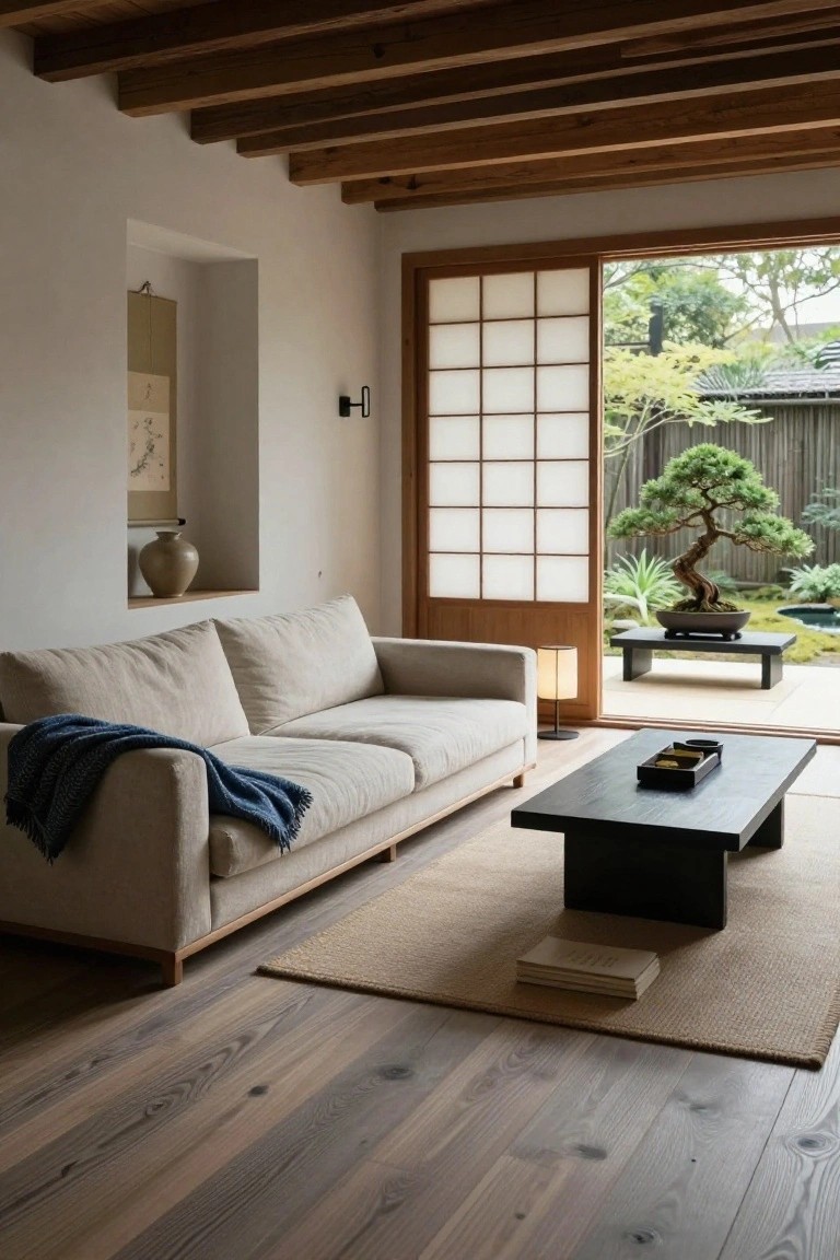 Minimalist living room featuring a beige linen sofa with blue throw, black low table, shoji screen doors to a bonsai garden, and light wide-plank wood floors with knots.