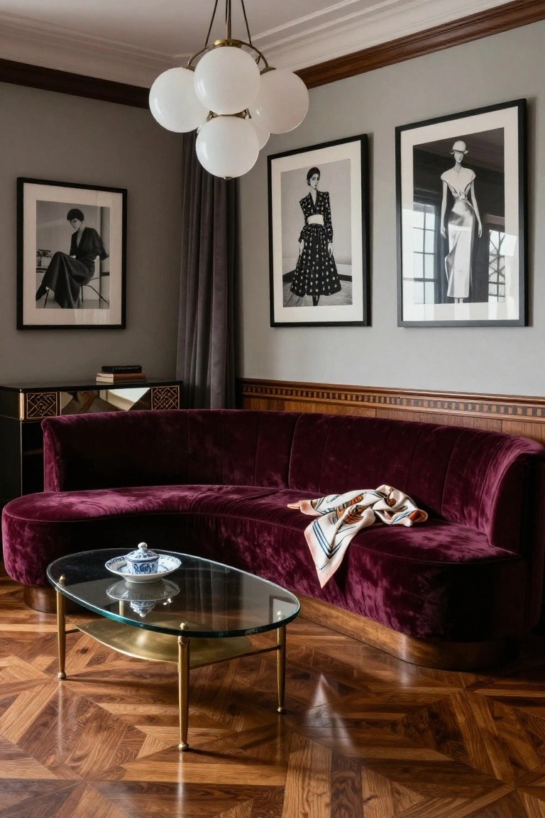 Luxury living room with gray walls, three large black-and-white fashion photos, brass chandelier with white globes, curved maroon velvet sofa, glass-topped brass coffee table with blue-and-white porcelain dish, black credenza, and dark parquet hardwood flooring.