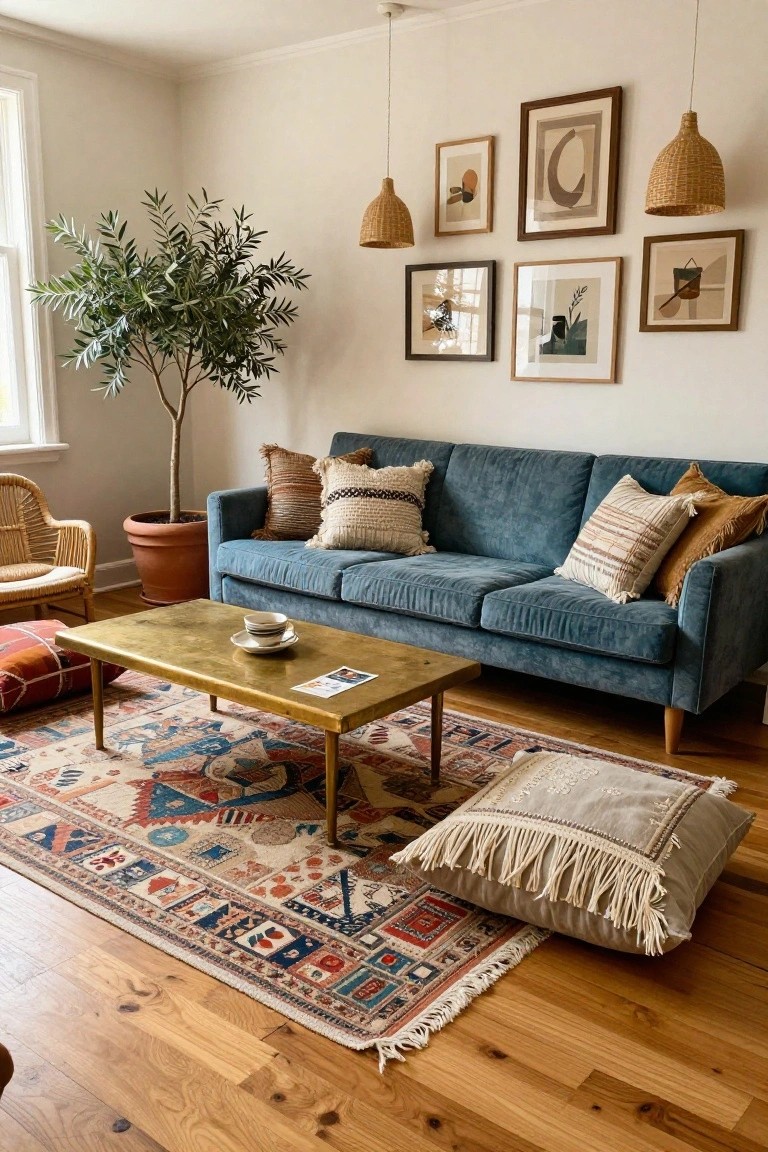 Living room with teal velvet sofa, brass coffee table on legs, large multicolored patterned rug, olive tree in terracotta pot, rattan chair, floor pillows, and woven pillows on hardwood floors.